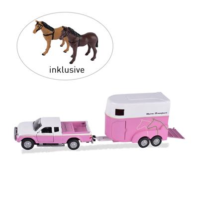 Kids Globe die-cast auto met paardentrailer roze, 1:32
