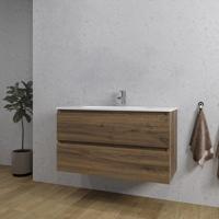 Adema Chaci Badkamermeubelset - 100x46x57cm - 1 ovale keramische wasbak wit - 1 kraangat - 2 lades - noten (hout) SW1212772/SW718718 - thumbnail