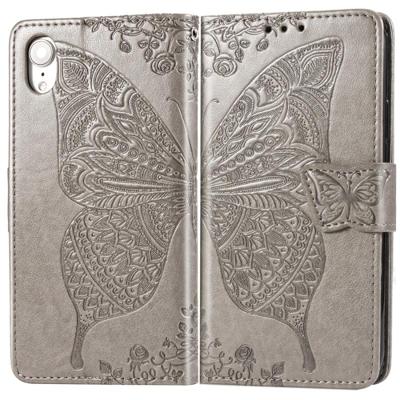 Butterfly Love bloemen reliëf horizontale Flip lederen case voor iPhone XR met houder & kaartsleuven & portemonnee & Lanyard (grijs)