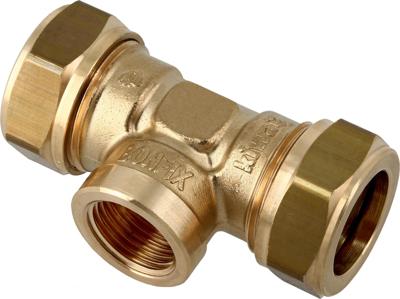 Bonfix knelkoppeling - T-stuk knel x binnendraad x knel - 28mm x 1/2 x 28mm - Messing