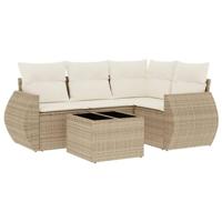 5-delige Loungeset met kussens poly rattan beige - thumbnail