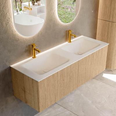 Mondiaz KURVE 130 cm Onderkast Greeploos 2 Lades Zonder Deuren Oak, Wastafel Solid Surface Dubbel Talc 2 Kraangaten Zonder Spiegel (KRVCLO1302L0D2KD-Oak/Tal)