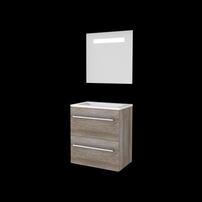 Basic-Line Economic 39 Badkamermeubelset - Ondiep - 60 x 39 cm - Met Grepen - 2 Lades - Acryl Wastafel - 1 Kraangat - Spiegel met LED Verlichting - Scotch Oak