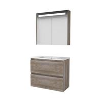 Basic-Line Premium 39 Badkamermeubelset - Ondiep - 80 x 39 cm - Greeploos - 2 Lades - Keramische Wastafel - 1 Kraangat - Spiegelkast met LED Verlichting - Scotch Oak - thumbnail