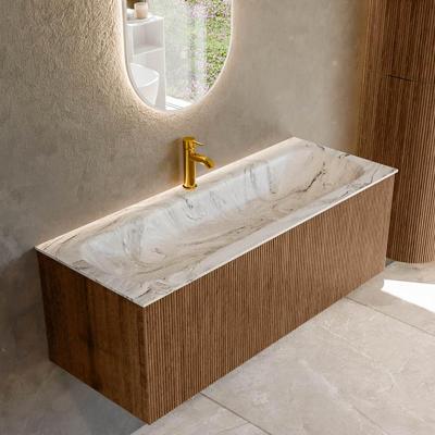 Mondiaz KURVE-DLUX 120 cm Onderkast Greeploos 1 Lade Zonder Deuren Walnut, Wastafel Solid Surface Volledig Glace 1 Kraangat Zonder Spiegel (KRVBGL1201L0D1KM-Wal/Gla)