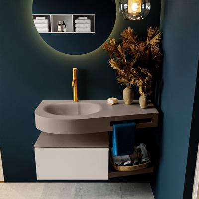 MONDIAZ RIVA 100cm badmeubel onderkast / planchet kleur Linen met 1 lade. Wastafel DULCET links 1 kraangat kleur Smoke.