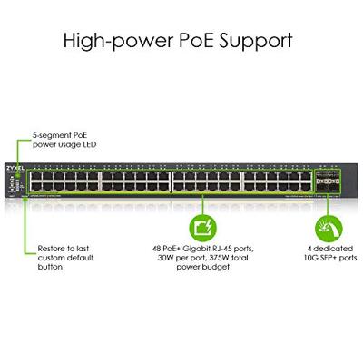 Zyxel 48-Port Gigabit Ethernet Smart Managed PoE+ Switch met 375 Watt Budget en 4 10G SFP+ Slots, Hybrid Cloud mode [XGS1930-52HP]
