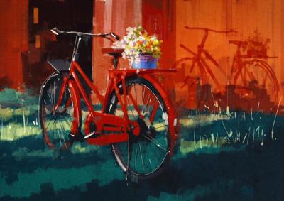 Schilderij - Rode fiets met bloemen (print van handgeschilderd), Multikleur , Wanddecoratie