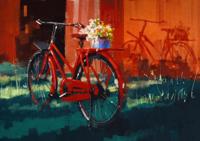Schilderij - Rode fiets met bloemen (print van handgeschilderd), Multikleur , Wanddecoratie - thumbnail