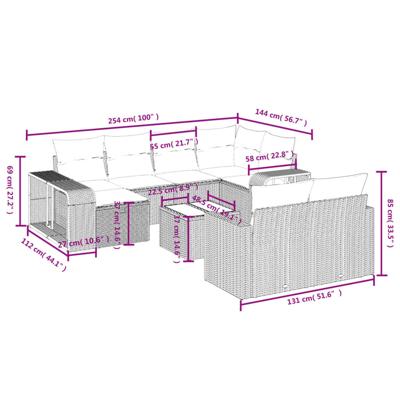 10-delige Loungeset met kussens poly rattan zwart