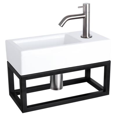Differnz Ravo fonteinset - 38.5x18.5x25cm - Rechthoek - 1 kraangat - Gebogen matte chromen kraan - met zwart frame - Keramiek Wit 38.401.82