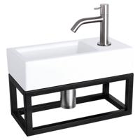 Differnz Ravo fonteinset - 38.5x18.5x25cm - Rechthoek - 1 kraangat - Gebogen matte chromen kraan - met zwart frame - Keramiek Wit 38.401.82 - thumbnail