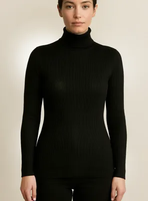 Thermo Col dames shirt lange mouw - Rib - Thermisch ondershirt met hoge hals - S - Zwart - S