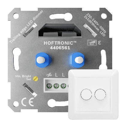 LED Duo Dimmer Inbouw - 2x 0-100 Watt - Geschikt voor fase afsnijding - Trailing edge - Incl. wit frame en druk/draaiknop LED Duo Dimmer Inbouw - 2x 0-100 Watt - Geschikt voor fase afsnijding - Trailing edge - Incl. wit frame en druk/draaiknop