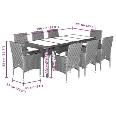 9-delige Tuinset met kussens poly rattan en acaciahout grijs