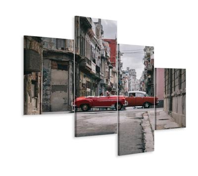Schilderij - Oldtimers in Cuba, rood, 4 luik, premium print