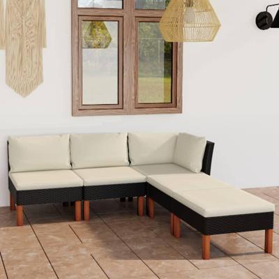 5-delige Loungeset met kussens poly rattan zwart