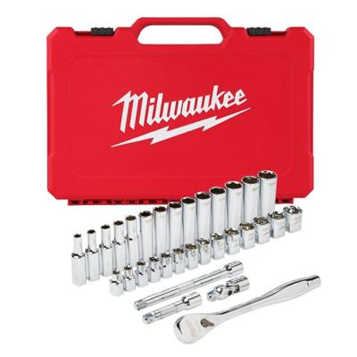 Milwaukee Ratel + doppen set 3/8 Drive 32 pc Ratchet + Socket Set Metric - 4932464945