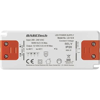 Basetech LD-12-6 LED-transformator Constante spanning 6 W 0.5 A Geschikt voor meubels, Overspanning, Montage op ontvlambare oppervlakken 1 stuk(s)