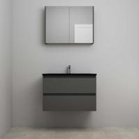 On-Line Badkamermeubelset - 80 cm - Voorgemonteerd - Ladestructuur - Acryl Wastafel - 1 Kraangat - Spiegelkast - Mat Antraciet - thumbnail