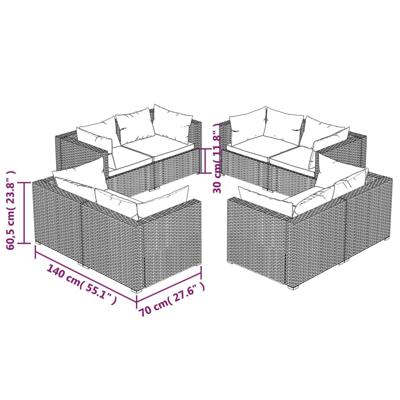 8-delige Loungeset met kussens poly rattan zwart - thumbnail