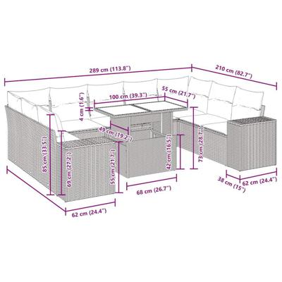10-delige Loungeset met kussens poly rattan beige