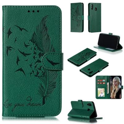 Feather patroon Litchi textuur horizontale Flip lederen draagtas met portemonnee & houder & kaartsleuven voor Galaxy M20 (groen) Feather patroon Litchi textuur horizontale Flip lederen draagtas met portemonnee & houder & kaartsleuven voor Galaxy M20 (groen)