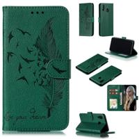 Feather patroon Litchi textuur horizontale Flip lederen draagtas met portemonnee & houder & kaartsleuven voor Galaxy M20 (groen) - thumbnail