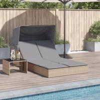 Ligbed 2-persoons met luifel en kussens poly rattan beige - thumbnail