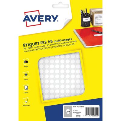 Avery PET08W ronde markeringsetiketten, diameter 8 mm, blister van 4704 stuks, wit Avery PET08W ronde markeringsetiketten, diameter 8 mm, blister van 4704 stuks, wit