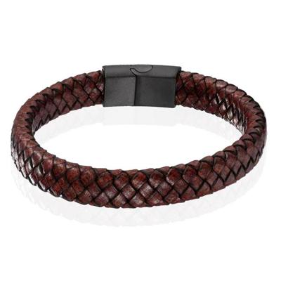 Gevlochten Leren Armband Heren Edelstaal Sluiting Bruin-22cm Gevlochten Leren Armband Heren Edelstaal Sluiting Bruin-22cm