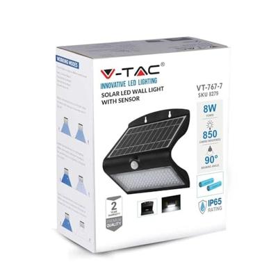 V-TAC VT-767-7-B Solar Wandlamp - IP65 Waterdicht - Zwart - 8W - 850 Lumen - 4000K V-TAC VT-767-7-B Solar Wandlamp - IP65 Waterdicht - Zwart - 8W - 850 Lumen - 4000K