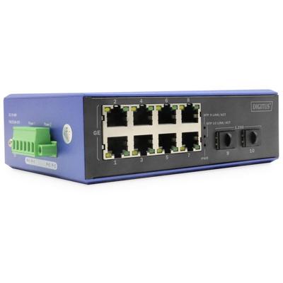 DIGITUS PoE netwerk switch - 10-poorts Gigabit Ethernet - 8x RJ45 + 2x SFP - IP40 - 10/100/1000 Mbit/s - DIN rail montage - industriële serie - zwart/blauw