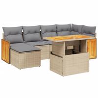 7-delige Loungeset met kussens poly rattan beige - thumbnail