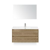 Dante Badmeubelset 100 cm - Natuur Eiken - Keramische Wastafel Wit Cover - met Spiegel - thumbnail