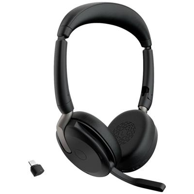 Jabra Evolve2 65 Flex Link380c MS On Ear headset Bluetooth Stereo Zwart Noise Cancelling Headset, Microfoon uitschakelbaar (mute), Volumeregeling, Inductie,
