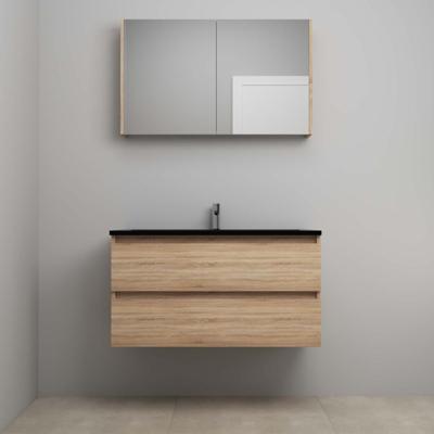 On-Line Badkamermeubelset - 100 cm - Voorgemonteerd - Ladestructuur - Acryl Wastafel - 1 Kraangat - Spiegelkast - Eiken