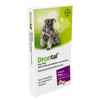 Drontal Dog Tasty 150/144/50 mg ontwormingsmiddel hond 2 tabletten Drontal Dog Tasty 150/144/50 mg ontwormingsmiddel hond 2 tabletten