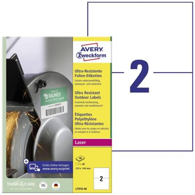 Avery-Zweckform L7916-40 Universele etiketten 210 x 148 mm Polyethyleen folie Wit 80 stuk(s) Permanent hechtend Laser (kleur), Laser (zwart/wit) Avery-Zweckform L7916-40 Universele etiketten 210 x 148 mm Polyethyleen folie Wit 80 stuk(s) Permanent hechtend Laser (kleur), Laser (zwart/wit)