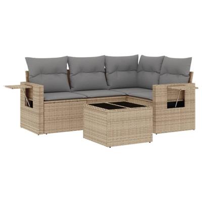 5-delige Loungeset met kussens poly rattan beige - thumbnail