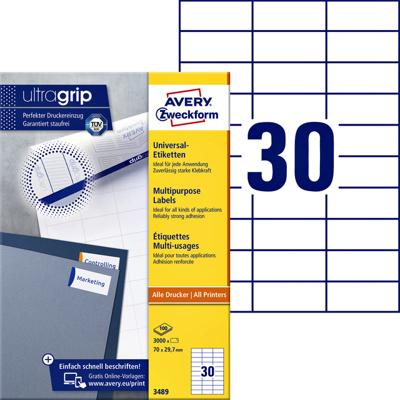 Avery-Zweckform 3489 Universele etiketten 70 x 29.7 mm Papier Wit 3000 stuk(s) Permanent hechtend Laser (kleur), Laser (zwart/wit)