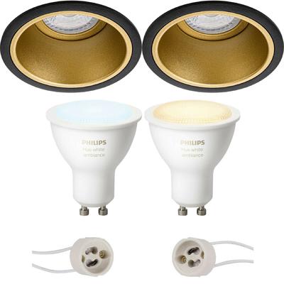 Pragmi Minko Pro - Inbouw Rond - Mat Zwart/Goud - Verdiept - Ø90mm - Philips Hue - LED Spot Set GU10 - White Ambiance - Bluetooth