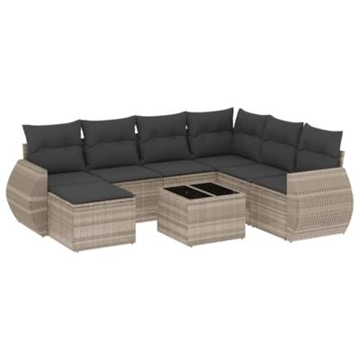 8-delige Loungeset met kussens poly rattan lichtgrijs