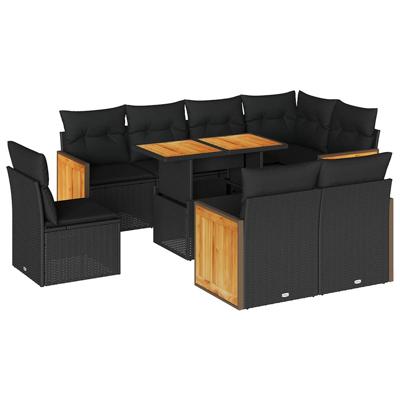 9-delige Loungeset met kussens poly rattan zwart