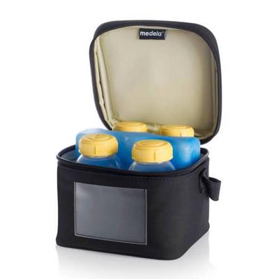 Koeltas - Compartiment en koelpakket + 4 MEDELA zuigflessen zwart