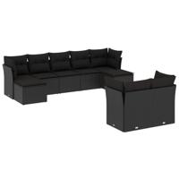 9-delige Loungeset met kussens poly rattan zwart - thumbnail