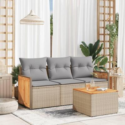 4-delige Loungeset met kussens poly rattan beige