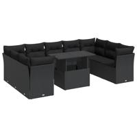 10-delige Loungeset met kussens poly rattan zwart - thumbnail