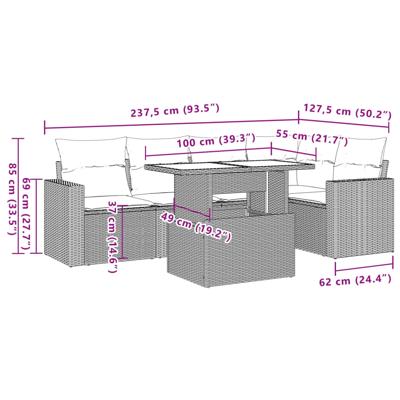 6-delige Loungeset met kussens poly rattan bruin - thumbnail