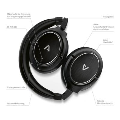 LAMAX NoiseComfort ANC Draadloze hoofdtelefoon met actieve geluidsisolatie (ANC), Bluetooth 5.0, USB-C, bediening 50 uur, reiskoffers en vliegtuigadapter in de verpakking, metalen constructie